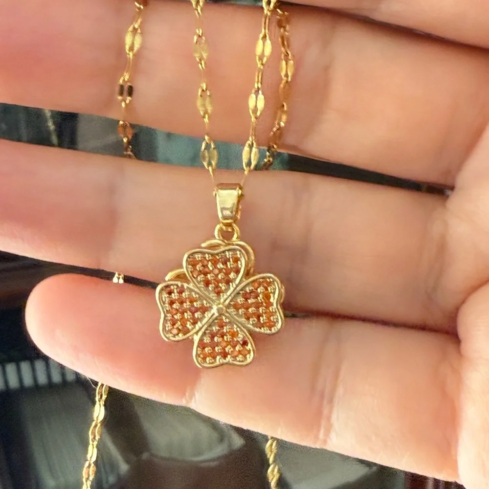 Pave set orange crystal gold plated stainless steel clover pendant and chain - Picture 2 of 8